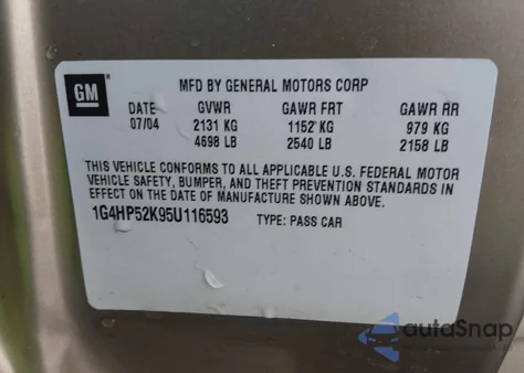 2005 Buick Lesabre Custom from USA, damaged, VIN 1G4HP52K95U116593